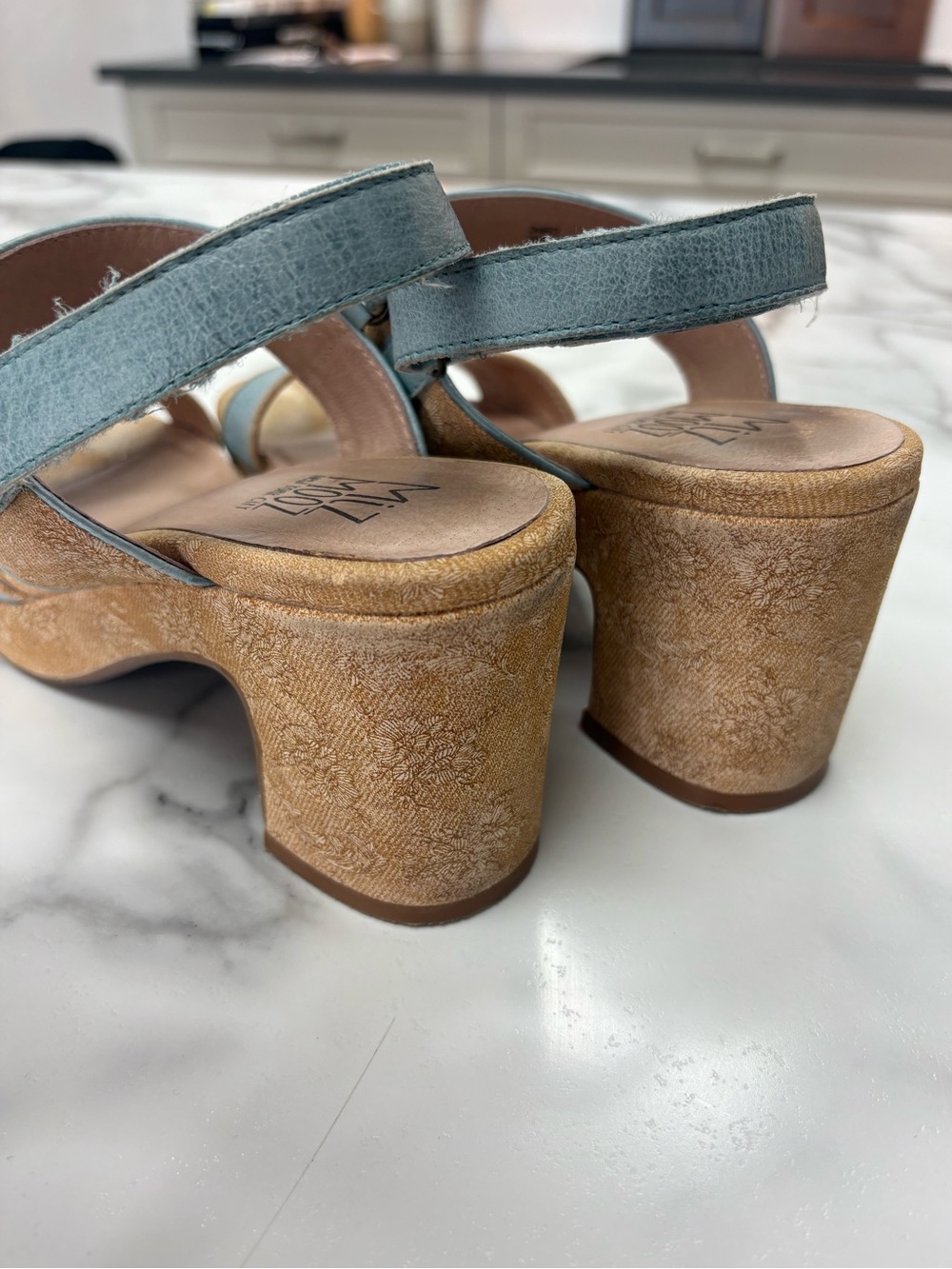 Miz Mooz Dusty Blue Suede Platform Sandals with Tan Floral Print Platform - Picture 4 of 6